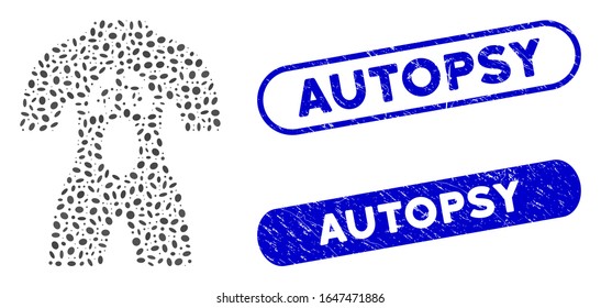 Mosaic man anatomy and rubber stamp seals with Autopsy caption. Mosaic vector man anatomy is composed with scattered ellipse parts. Autopsy stamp seals use blue color, and have round rectangle shape.
