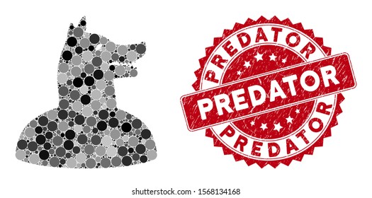 Mosaic man dog and corroded stamp seal with Predator caption. Mosaic vector is created with man dog icon and with randomized round spots. Predator stamp seal uses red color, and grunge design.