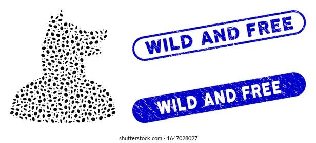 Mosaic man dog and corroded stamp seals with Wild and Free caption. Mosaic vector man dog is composed with scattered oval items. Wild and Free stamp seals use blue color,