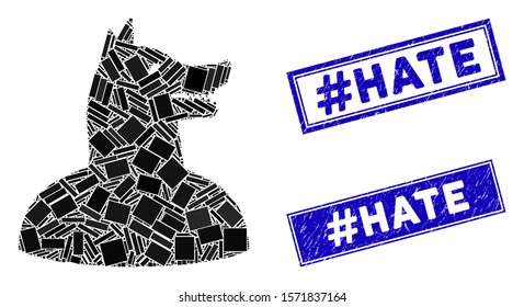 Mosaic man dog icon and rectangular #Hate seal stamps. Flat vector man dog mosaic icon of randomized rotated rectangular items. Blue #Hate seal stamps with scratched texture.