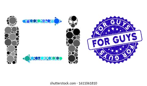 Mosaic man exchange alien icon and distressed stamp seal with For Guys text. Mosaic vector is composed with man exchange alien icon and with scattered round spots. For Guys stamp seal uses blue color,