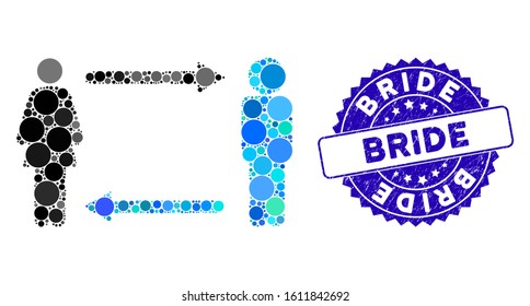 Mosaic man exchange woman icon and rubber stamp watermark with Bride text. Mosaic vector is composed with man exchange woman icon and with scattered round elements. Bride stamp seal uses blue color,