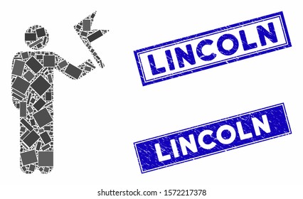 Mosaic man with flag pictogram and rectangle Lincoln seals. Flat vector man with flag mosaic pictogram of random rotated rectangle elements. Blue Lincoln rubber seals with scratched textures.