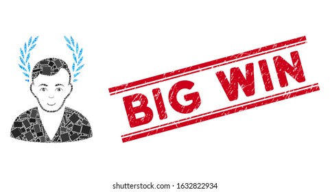 Mosaic man glory icon and red Big Win seal stamp between double parallel lines. Flat vector man glory mosaic pictogram of scattered rotated rectangle elements.