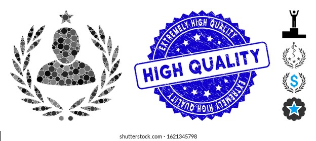 Mosaic man glory laurel emblem icon and grunge stamp seal with Extremely High Quality text. Mosaic vector is created with man glory laurel emblem pictogram and with randomized circle items.