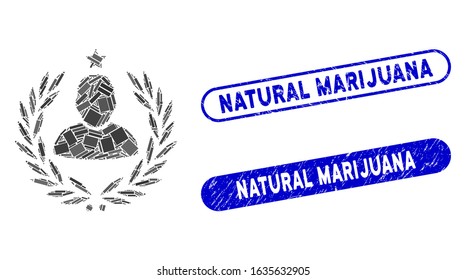 Mosaic man glory laurel emblem and grunge stamp seals with Natural Marijuana caption. Mosaic vector man glory laurel emblem is formed with randomized rectangle items.