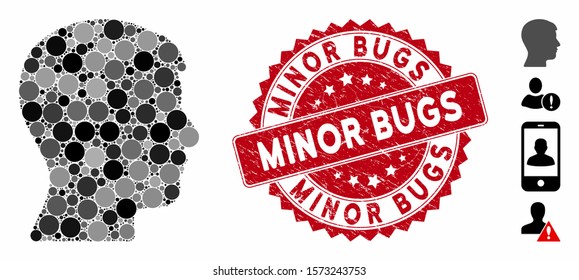Mosaic man head profile icon and rubber stamp seal with Minor Bugs caption. Mosaic vector is composed with man head profile icon and with random round items. Minor Bugs stamp seal uses red color,