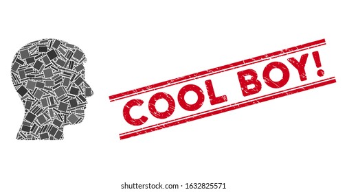Mosaic man head profile icon and red Cool Boy! seal stamp between double parallel lines. Flat vector man head profile mosaic icon of scattered rotated rectangular elements.