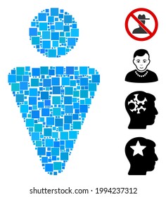 Mosaic Man icon composed of square items in various sizes and color hues. Vector square items are composed into abstract collage man icon. Bonus pictograms are placed.