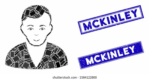 Mosaic man icon and rectangle Mckinley rubber prints. Flat vector man mosaic icon of randomized rotated rectangle elements. Blue Mckinley seals with rubber surface.
