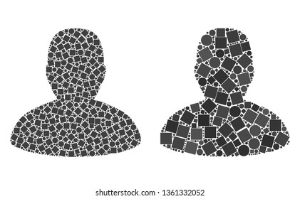 Mosaic Man icons composed of spheric and square items in different sizes, positions and proportions. Vector spheric and square elements are arranged into abstract mosaic man icons.