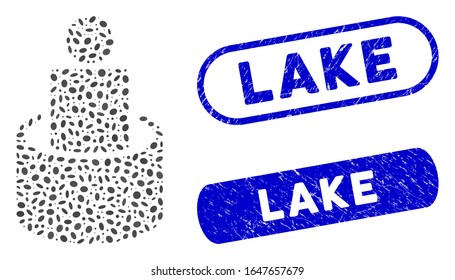 Mosaic man isolation and distressed stamp watermarks with Lake text. Mosaic vector man isolation is formed with random oval parts. Lake seals use blue color, and have round rectangle shape.