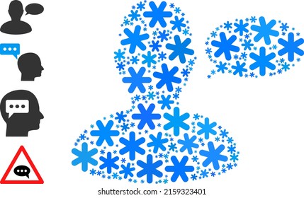 Mosaic man opinion icon is constructed for winter, New Year, Christmas. Man opinion icon mosaic is done from light blue snow items. Some bonus icons are added.