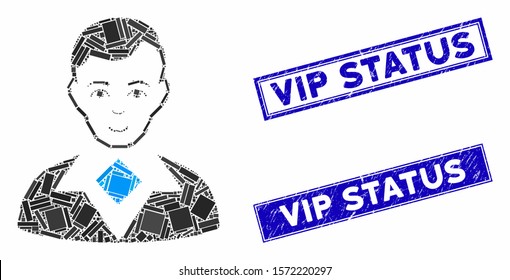 Mosaic man pictogram and rectangle Vip Status rubber prints. Flat vector man mosaic pictogram of random rotated rectangle elements. Blue Vip Status rubber stamps with dirty surface.