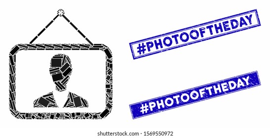 Mosaic man picture pictogram and rectangle stamps. Flat vector man picture mosaic pictogram of randomized rotated rectangle elements. Blue caption stamps with grunge texture.