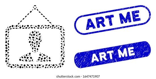 Mosaic man picture and rubber stamp seals with Art Me text. Mosaic vector man picture is composed with scattered oval spots. Art Me stamp seals use blue color, and have round rectangle shape.