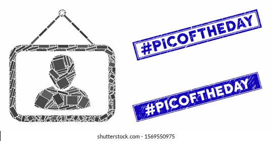 Mosaic man portrait pictogram and rectangle seal stamps. Flat vector man portrait mosaic pictogram of randomized rotated rectangle items. Blue caption seal stamps with grunge surface.