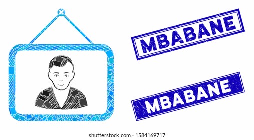 Mosaic man portrait pictogram and rectangular Mbabane seals. Flat vector man portrait mosaic icon of randomized rotated rectangle elements. Blue Mbabane rubber seals with rubber surface.