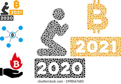 Mosaic Man pray bitcoin 2021 icon composed of tuberous parts in various sizes, positions and proportions. Vector tuberous pieces are composed into abstract composition man pray bitcoin 2021 icon.