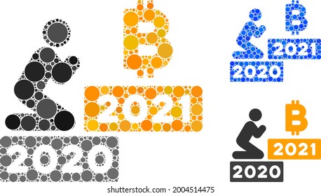 Mosaic man pray bitcoin 2021 icon designed from round elements in variable sizes, positions and proportions. Blue and original versions of man pray bitcoin 2021 icon.