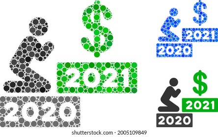 Hombre mosaico reza un ícono de dólar 2021 compuesto de elementos circulares en tamaños aleatorios, posiciones y proporciones. Versiones azules y originales del hombre rezan el icono del dólar 2021.