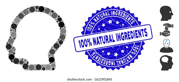 Mosaic man profile icon and distressed stamp watermark with 100% Natural Ingredients text. Mosaic vector is formed with man profile icon and with randomized circle items.