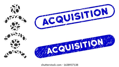 Mosaic man queue and corroded stamp seals with Acquisition caption. Mosaic vector man queue is created with random elliptic elements. Acquisition stamp seals use blue color,