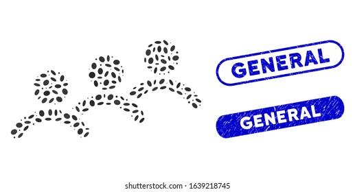 Mosaic man queue and distressed stamp seals with General text. Mosaic vector man queue is formed with random oval pieces. General stamp seals use blue color, and have round rectangle shape.