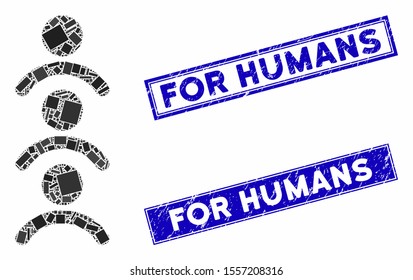 Mosaic man queue icon and rectangular seal stamps. Flat vector man queue mosaic icon of randomized rotated rectangular elements. Blue caption rubber stamps with dirty surface.