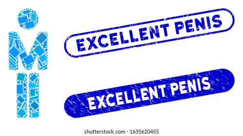 Mosaic man and rubber stamp seals with Excellent Penis phrase. Mosaic vector man is formed with scattered rectangle items. Excellent Penis stamp seals use blue color, and have round rectangle shape.