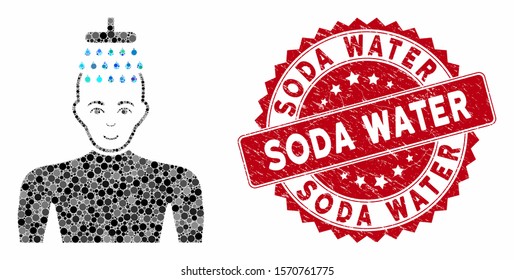 Mosaic man shower and grunge stamp watermark with Soda Water caption. Mosaic vector is formed with man shower icon and with random circle spots. Soda Water stamp seal uses red color,
