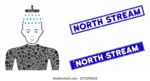 Mosaic man shower pictogram and rectangular North Stream stamps. Flat vector man shower mosaic pictogram of scattered rotated rectangular items. Blue North Stream seal stamps with grunge textures.