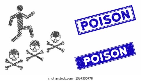 Mosaic man steps deaths icon and rectangle seal stamps. Flat vector man steps deaths mosaic icon of randomized rotated rectangle elements. Blue caption seals with corroded surface.