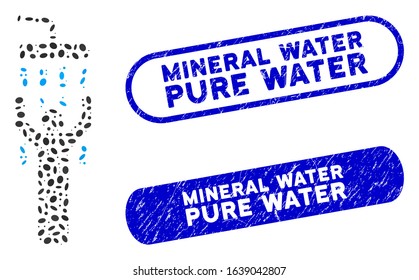 Mosaic man under shower and distressed stamp watermarks with Mineral Water Pure Water phrase. Mosaic vector man under shower is created with scattered elliptic elements.