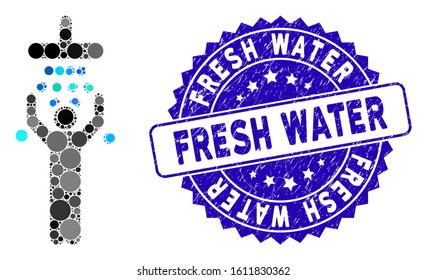 Mosaic man under shower icon and distressed stamp seal with Fresh Water caption. Mosaic vector is formed with man under shower icon and with scattered round items.