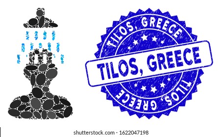 Mosaic man under shower icon and rubber stamp seal with Tilos, Greece caption. Mosaic vector is composed with man under shower icon and with randomized oval elements. Tilos,