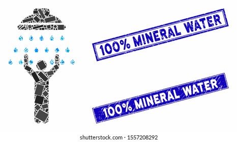 Mosaic man under shower pictogram and rectangular rubber prints. Flat vector man under shower mosaic pictogram of randomized rotated rectangular items.