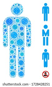 Mosaic man user constructed from flu virus icons in different sizes and color hues. Vector infection icons are arranged into abstract composition man user icon. Some bonus icons are added.