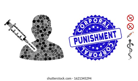 Mosaic man vaccination icon and rubber stamp seal with Corporal Punishment caption. Mosaic vector is composed with man vaccination icon and with random spheric items.