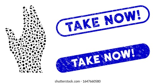 Mosaic manage hand and distressed stamp seals with Take Now! phrase. Mosaic vector manage hand is composed with random oval dots.  