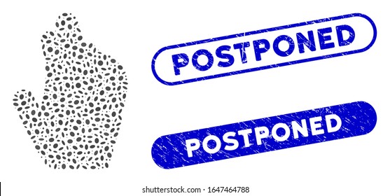 Mosaic manage hand and grunge stamp seals with Postponed phrase. Mosaic vector manage hand is designed with randomized elliptic items. Postponed stamp seals use blue color,