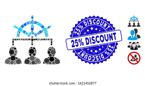 Mosaic management steering wheel icon and distressed stamp seal with 25% Discount caption. Mosaic vector is created with management steering wheel pictogram and with scattered spheric elements.