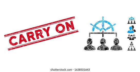 Mosaic management steering wheel pictogram and red Carry On seal between double parallel lines. Flat vector management steering wheel mosaic pictogram of random rotated rectangular items.