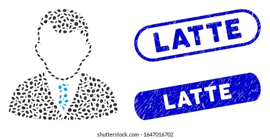 Mosaic manager y sellos de sello angustiados con la frase Latte. El administrador de vectores mosaicos está compuesto por piezas ovales aleatorias. Los sellos de sello de latón utilizan color azul y tienen forma rectangular redonda.