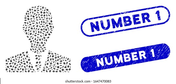 Mosaic manager and distressed stamp seals with Number 1 phrase. Mosaic vector manager is designed with scattered elliptic items. Number 1 stamp seals use blue color, and have round rectangle shape.