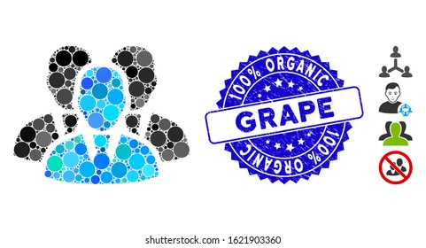 Mosaic manager group icon and corroded stamp watermark with 100% Organic Grape caption. Mosaic vector is composed with manager group icon and with scattered circle items.