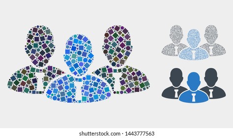 Mosaic Manager group icon organized from round and square elements in various sizes, positions and proportions. Vector round and square elements are grouped into abstract puzzle manager group icons.