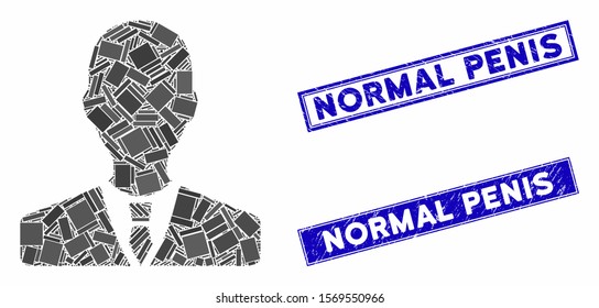 Mosaic manager icon and rectangle stamps. Flat vector manager mosaic icon of random rotated rectangle items. Blue caption stamps with grunged surface.