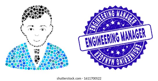 Mosaic manager icon and rubber stamp seal with Engineering Manager text. Mosaic vector is designed from manager icon and with randomized round elements. Engineering Manager seal uses blue color,