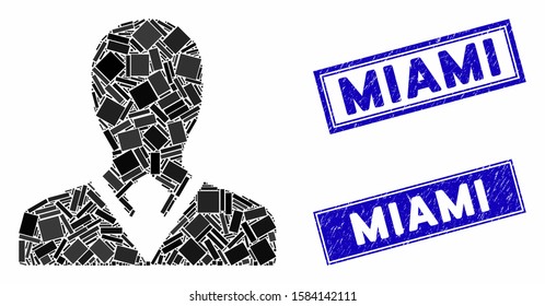 Mosaic manager pictogram and rectangle Miami seal stamps. Flat vector manager mosaic pictogram of randomized rotated rectangle items. Blue Miami stamps with distress textures.